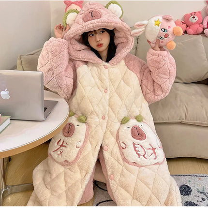 Women Winter Thickened Fleece Bathrobe Can Be Worn Outside Girls Student Hoodie Loose Pajama Two-piece Set Lady Warm Loungewear