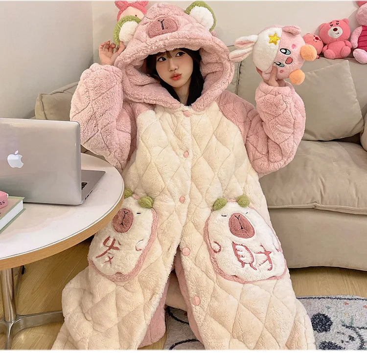Women Winter Thickened Fleece Bathrobe Can Be Worn Outside Girls Student Hoodie Loose Pajama Two-piece Set Lady Warm Loungewear