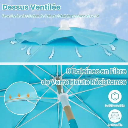 Garden Parasol with Fringes, 180cm, Wooden Parasol with 8 Sturdy Ribs, Adjustable Tilt, Automatic Opening, Bohemian Style, Blue