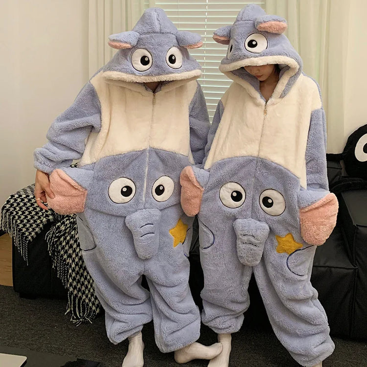 Winter Animal Onesies for Adults Homewear Flannel Sleepwear Couples Jumpsuit Winter Coral Velvet Pajamas Women Mens Loungewear