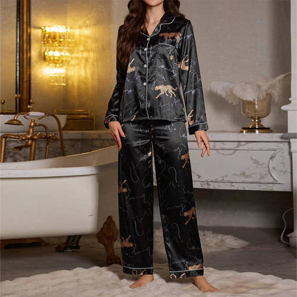 Pigiama da donna con stampa floreale color block, maniche lunghe e pantaloni in raso per un sonno confortevole, morbido pigiama e pigiama da notte