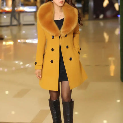 Mid Length Wool Coats Women Fur Collar Splice Blends Korean Full Sleeve Double Breasted Lace Up Belt Thick Warm Winter Jackets