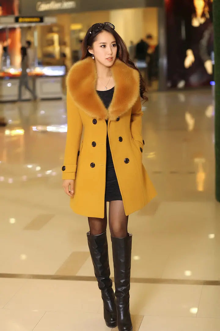 Mid Length Wool Coats Women Fur Collar Splice Blends Korean Full Sleeve Double Breasted Lace Up Belt Thick Warm Winter Jackets