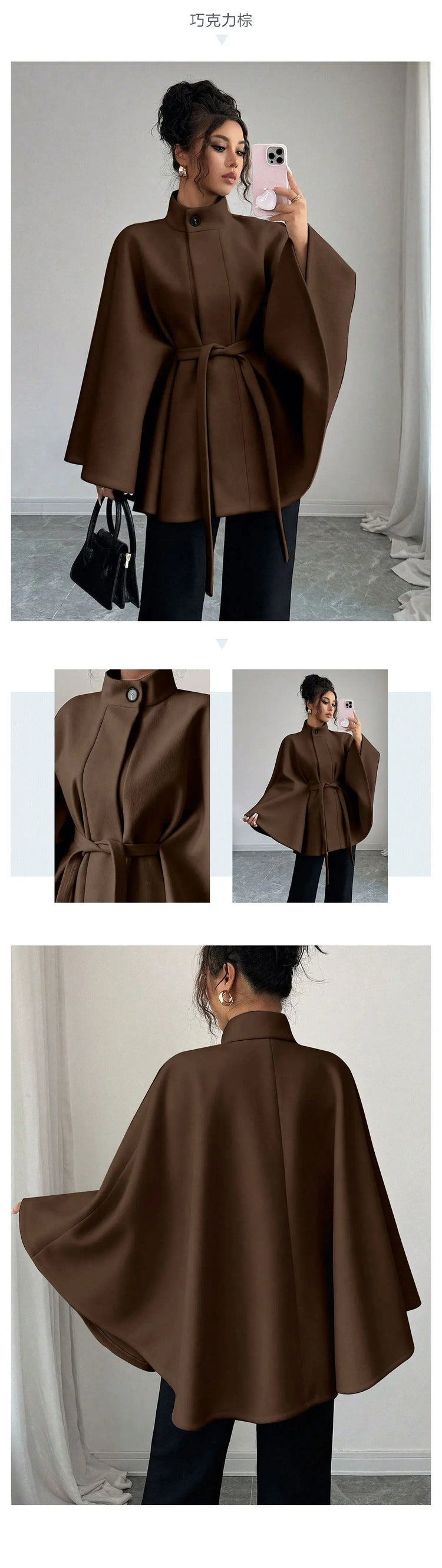 Wool Coat Women Autumn Winter Woolen Jacket Batwing Sleeve Button Lace Up Blends Turtleneck Overcoat Office Lady Outerwear