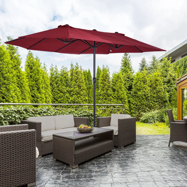 Outsunny Garden Parasol, Double Rectangular Outdoor Parasol 4.6L x 2.7W x H m with Open and Close, Steel Frame, 180 g/m² Fabric, Balcony Parasol, Pool, Burgundy