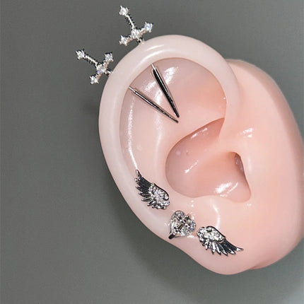 New Fashion Love Wings Cross Acciaio inossidabile Osso dell'orecchio Chiodo Zircone lucido Orecchino con filo alla moda per le donne Accessorio per piercing al corpo platinumshop