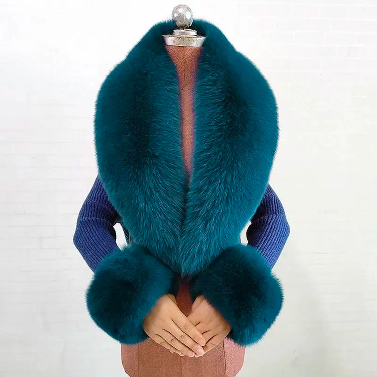 Real Fur Collar And Cuffs Set Winter Coat Accessories Women Fluffy Large Fur Shawl Neak Warm Fox Fur Scarf Furry Scarves Female