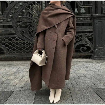 Elegant Big Scarf Collar Women's Coat Fashion Double Breasted Pockets Overcoats 2026 Autumn New High Street Oversize Outerwears