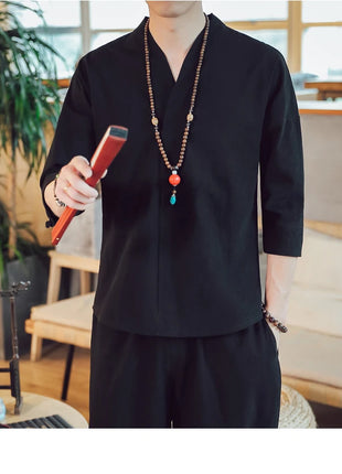 Kimono estivo stile giapponese manica corta uomo nuovo cotone a mezza manica lino traspirante abbigliamento uomo t-shirt giapponese Yukata top