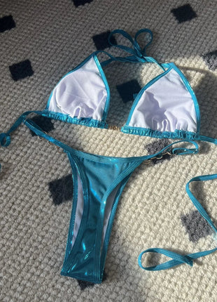 Micro Bikini Rosa Lucido da Donna, Sexy con Perle in PU, Push-Up, Perizoma, Costume da Bagno Estivo, con Lacci, per Vacanze PlatiNum