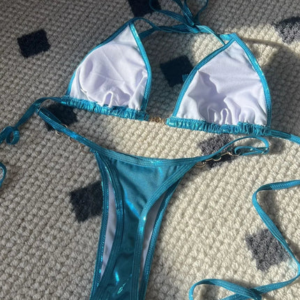 Micro Bikini Rosa Lucido da Donna, Sexy con Perle in PU, Push-Up, Perizoma, Costume da Bagno Estivo, con Lacci, per Vacanze PlatiNum