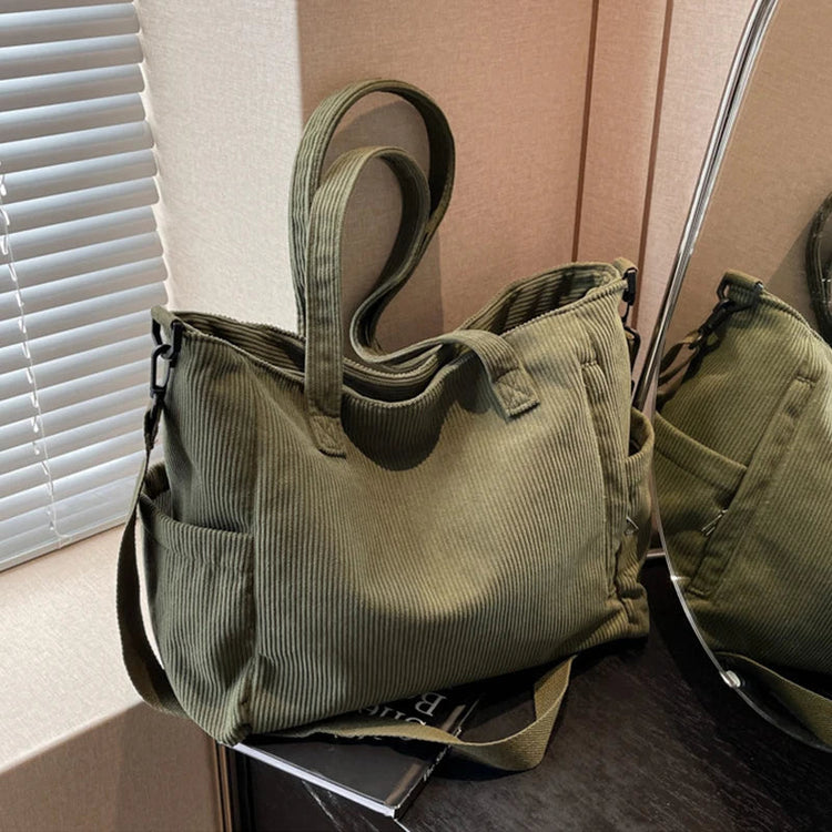 Women Corduroy Tote Bag Casual Multi Pocket Handbag Adjustable Strap Crossbody Sling Bag Zipper Shoulder Bag Fall Winter Bag PlatiNum
