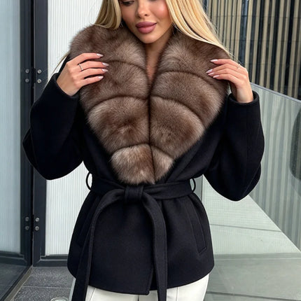 OFTBUY Women 100% Wool Short Coat Real Fox Fur Collar Woolen Jacket New Luxury Winter Natural Fur Clothes Warm Belted Outerwear