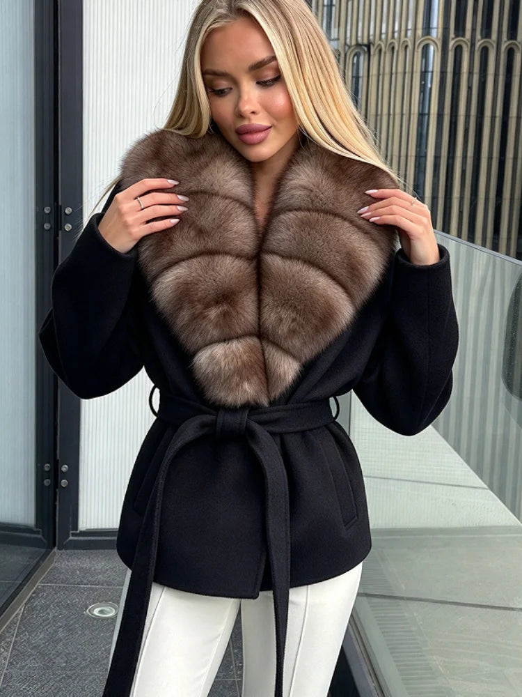 OFTBUY Women 100% Wool Short Coat Real Fox Fur Collar Woolen Jacket New Luxury Winter Natural Fur Clothes Warm Belted Outerwear