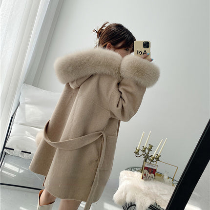2024 New Oversize Ladies Outerwear Real Fur Coat Winter Jacket Women Natural Fox Fur Collar Cuffs Hood Cashmere Wool Woolen