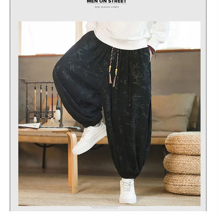 Pantaloni di alta qualità per uomo stile cinese fiore scuro velluto a coste Bloomers casual elastico in vita moda pantaloni larghi a gamba larga maschile