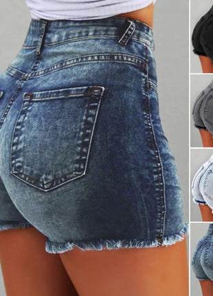 2025 Pantaloncini da donna con bordo strappato effetto consumato retrò Vita alta lavati Tasche laterali slim fit con sollevamento del sedere Pantaloni corti da festa casual da club - platinumshop