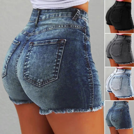 2025 Pantaloncini da donna con bordo strappato effetto consumato retrò Vita alta lavati Tasche laterali slim fit con sollevamento del sedere Pantaloni corti da festa casual da club - platinumshop