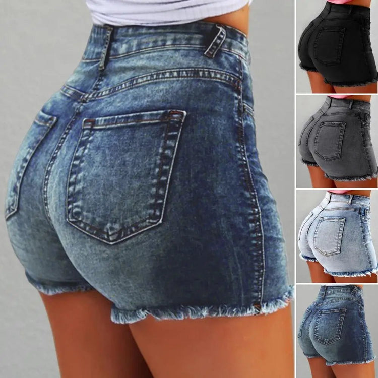 2025 Pantaloncini da donna con bordo strappato effetto consumato retrò Vita alta lavati Tasche laterali slim fit con sollevamento del sedere Pantaloni corti da festa casual da club - platinumshop