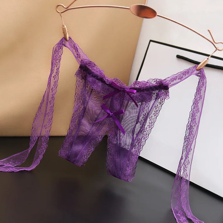 Women's Transparent Lace Thong Crotchless Open Range Underpants for Female Woman Sexy Howllout Laced Up Bowknot Panties Briefs