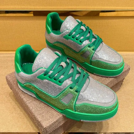 Men Diamonds Crystal Patchwork Suede Genuine Leather Shoes Lace Up Round Toe Thick Bottom Casual Shoes Height Increase Platform
