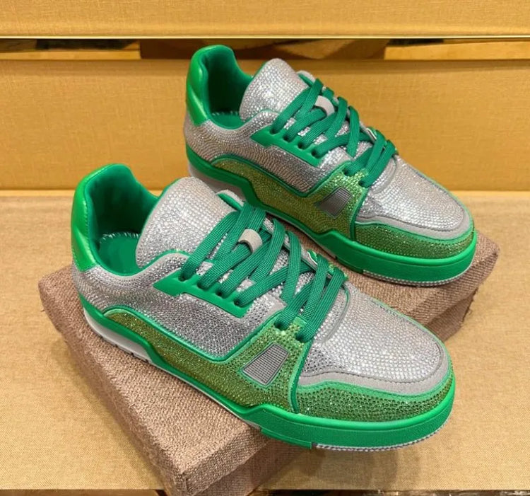 Men Diamonds Crystal Patchwork Suede Genuine Leather Shoes Lace Up Round Toe Thick Bottom Casual Shoes Height Increase Platform
