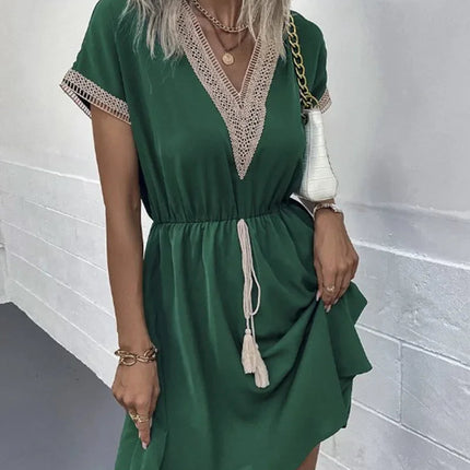 Abito corto longuette da spiaggia femminile con scollo a V in pizzo a maniche corte tinta unita estivo Abiti eleganti da donna in tinta unita bianco dolce platinumshop