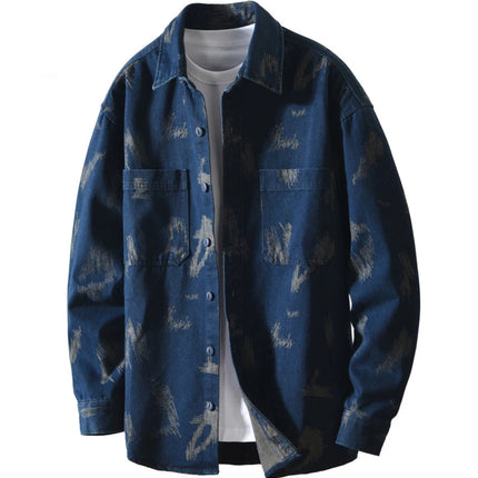 T795 Men's Long Sleeve Denim Casual Shirt for Autumn Winter Fashion Loose Relaxed Fit Vintage Flower Print Denim Jackets Male