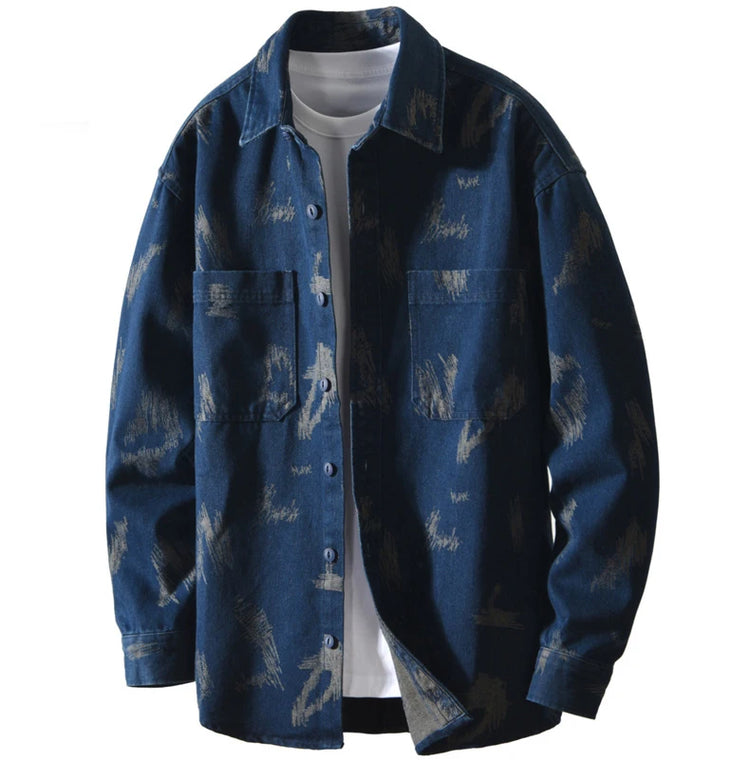 T795 Men's Long Sleeve Denim Casual Shirt for Autumn Winter Fashion Loose Relaxed Fit Vintage Flower Print Denim Jackets Male