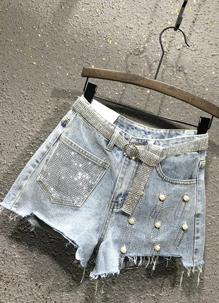 Pantaloncini di jeans bianchi blu irregolari strappati con nappe con strass a vita alta da donna estivi Pantaloncini di jeans coreani da donna
