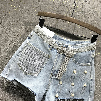 Women's Summer High Waist Rhinestone Tassel Ripped Irregular Blue White Denim Shorts Korean Denim Shorts for Women
