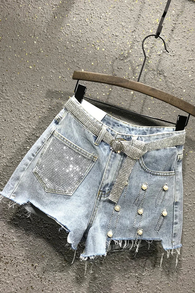 Pantaloncini di jeans bianchi blu irregolari strappati con nappe con strass a vita alta da donna estivi Pantaloncini di jeans coreani da donna