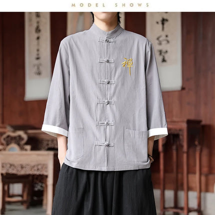 Camicie in cotone e lino Stile cinese retrò Tai Chi Kung Fu Camicie tradizionali Ricamo Camicia da uomo comoda e traspirante vestibilità ampia
