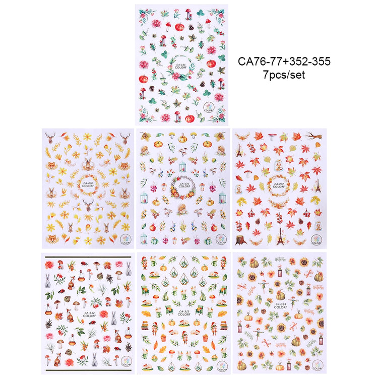 3/4/7pcs 3D Autumn Winter Nail Art Stickers Pumpkin Maple Leaves Squirrel Rabbit Flowers Decal For Thanksgiving Day Manicure DIY