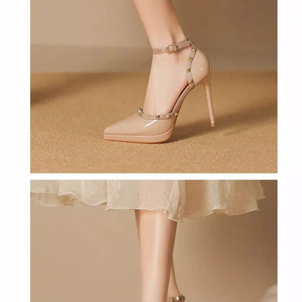 Sandali Nude con Punta a Spillo e Fibbia da Donna, Tacco Sottile Estivo, Impermeabili, con Plateau, Comodi, con Rivetti, in Pelle Sintetica platinumshop