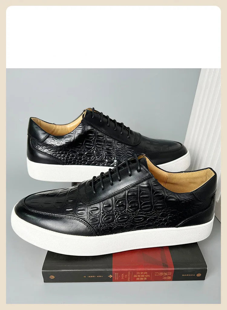 Newest 2025 Spring Men Genuine Leather Casual Sneakers Lace Up Handmade Crocodile Design Men Daily Leather Footwear Purple