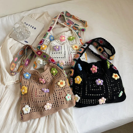 Borsa tote da donna in stile boho con motivo floreale all'uncinetto, borsa a tracolla in maglia intrecciata di grande capacità, borsa da spiaggia estiva per ragazze