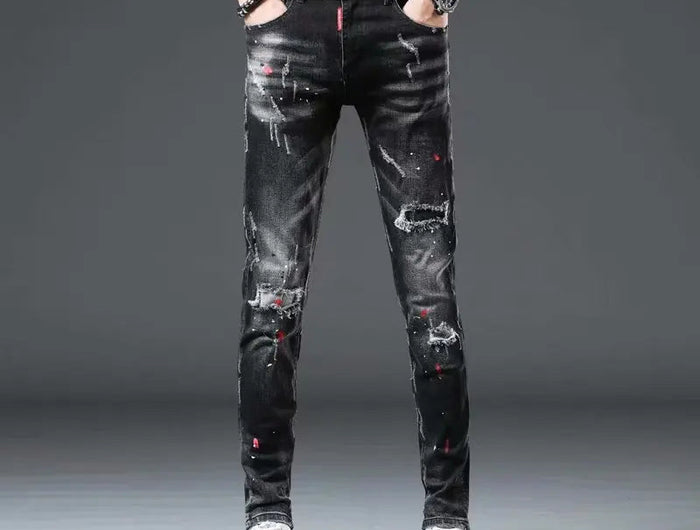 High Street  2022 Fashion Casual Ripped Jeans Men's Patch Teenagers Cowboy Paint Splash Ink Black Pencil Pants Skinny Jeans Men PlatiNum