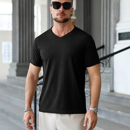2025 New Men's Casual Short Sleeved Bone Flower Solid Color O-neck T-shirt Fashion Breathable Comfortable Summer Versatile Top PlatiNum