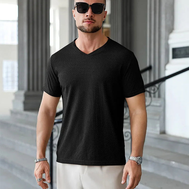 2025 New Men's Casual Short Sleeved Bone Flower Solid Color O-neck T-shirt Fashion Breathable Comfortable Summer Versatile Top PlatiNum