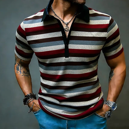 Men's Summer Short Sleeve Polo Shirts, Striped Lapel Collar T-shirts, T19