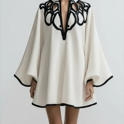2026 New Women's Hollowed V-neck Mini Dress Flared Sleeves Pleated Dress Spring Elegant Contrast Trim Chic Party Dress