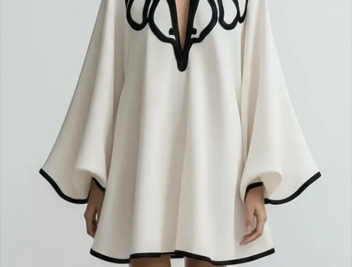 2026 New Women's Hollowed V-neck Mini Dress Flared Sleeves Pleated Dress Spring Elegant Contrast Trim Chic Party Dress