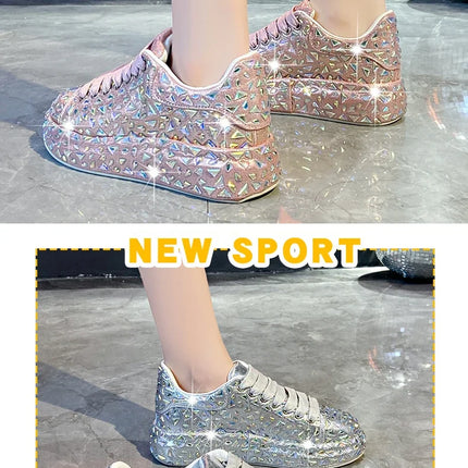 2025 Autumn Leather Women Shoes New Style Fashion Platform Shoes Ins Platforms Sneakers Tide Shine Bling Rhinestone Shoes