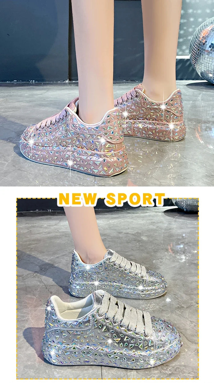 2025 Autumn Leather Women Shoes New Style Fashion Platform Shoes Ins Platforms Sneakers Tide Shine Bling Rhinestone Shoes