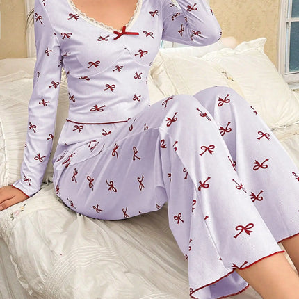 Primavera e autunno nuovi indumenti da notte da donna con fiocco a farfalla a maniche lunghe set stampato elastico da donna casual comodi vestiti per la casa