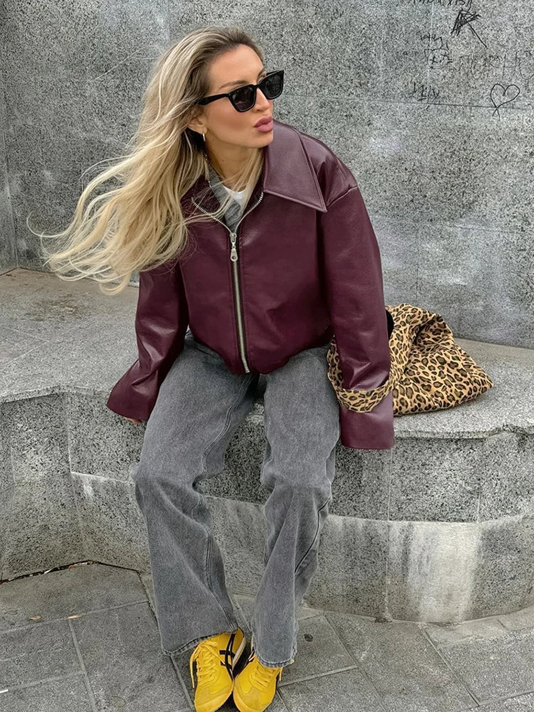 2025 New Fashion PU Leater Loose Jacket Women Autumn Lapel Zipper Long Sleeve Outerwears Streetwear Burgundy Female Bomber Coats