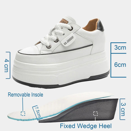 Fujin 9cm 3 inch comfortable platform sneakers for women Genuine Leather Women Vulcanized Shoes Platform High Heels Casual Shoes PlatiNum