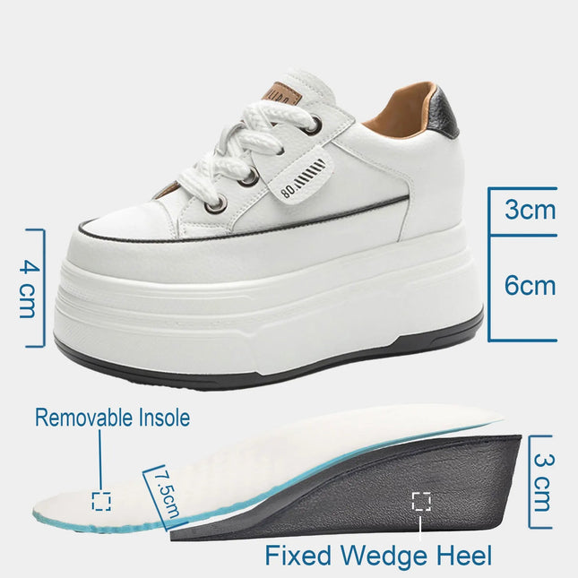 Fujin 9cm 3 inch comfortable platform sneakers for women Genuine Leather Women Vulcanized Shoes Platform High Heels Casual Shoes PlatiNum