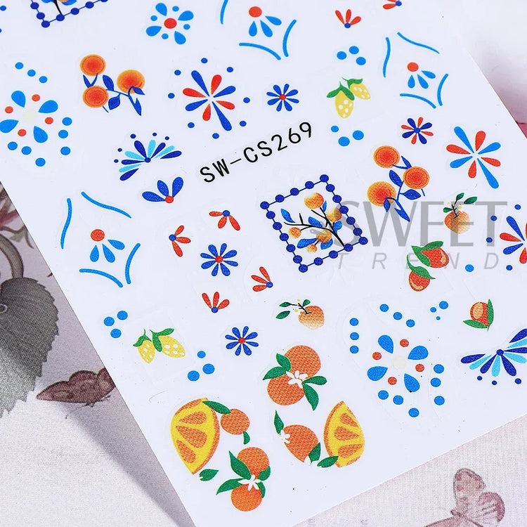 3/5pcs 3D Blue Fruit Bohemian Nail Sticker Cartoon Lemon Orange French Floral Petals Lines Leaves DIY Summer Manicure Decoration